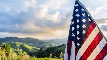 of the American flag, integrated with an image of a shadowy landscape, emphasizing a melancholic mood. | [Flag of the United States of America]:[Darkness, Depression] 