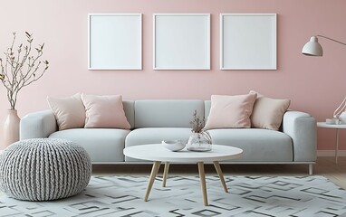 Pastel pink living room interior with grey sofa, coffee table, and three blank frames.