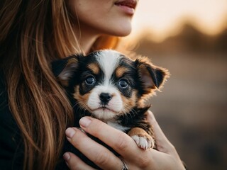girl holding a puppy in her arms