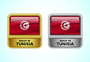 Obraz premium Made in Tunisia label icon in gold and silver color. Flag icon set for business