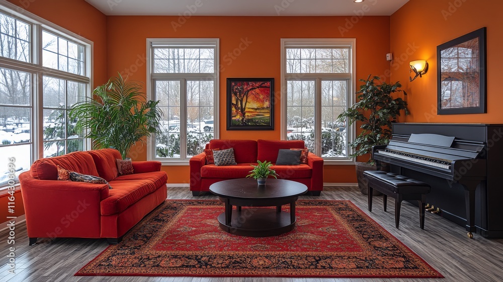 Aufkleber this living room features bright orange walls and large windows showcasing a snowy backyard. comfort