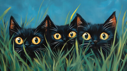 Fototapeta premium Pair of Black Cats with Bright Yellow Eyes Hidden in Tall Grass: A Playful and Mysterious Wildlife Scene