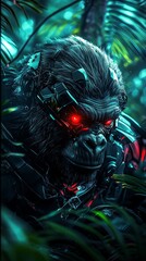 Futuristic robotic gorilla with glowing red eyes, reinforced metallic armor, and a jungle cyberpunk environment
