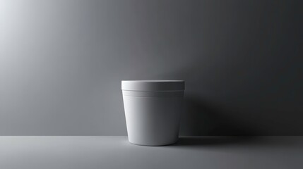 Minimalist white container studio setting product photography neutral environment side view modern design concept