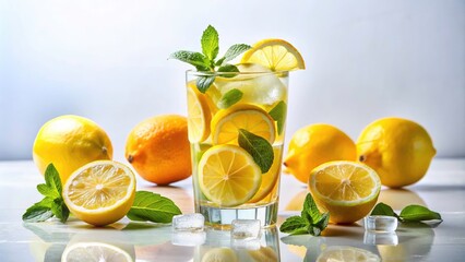 Fototapeta premium Fresh Lemonade in a Stylish Glass Isolated on White Background - Refreshing Summer Drink Photography, Citrus Beverage, Healthy Hydration, Drink Recipe Inspiration