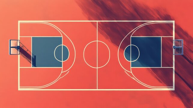 Aerial view of an outdoor basketball court with a person standing near the hoop, cast in a long shadow.