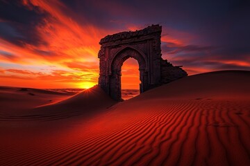 Magnificent desert landscape with ancient ruins, rippled sand dunes, and a breathtaking sunset under vibrant skies