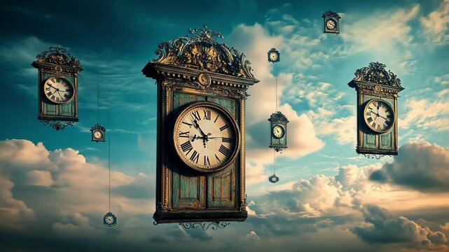 Surreal scene of floating vintage clocks against a dreamy sky.