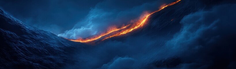 Nighttime Volcanic Eruption Lava Flows Down Mountainside