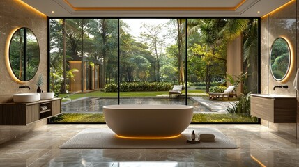 Fototapeta premium Elegant bathroom with a serene outdoor view.
