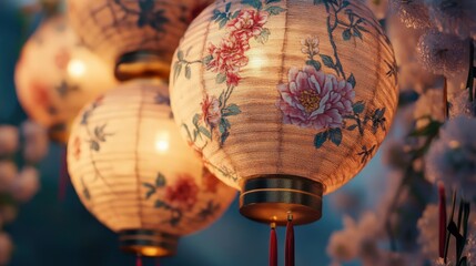 A close-up of intricately designed lanterns with floral patterns and soft textures.