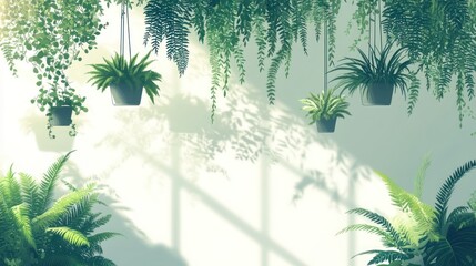 Obraz premium Sunlit wall with hanging & potted plants, creating a lush, green interior.