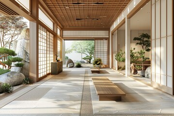 Obraz premium modern conceptual Luxury Traditional Japanese-style dining luxury Foyer/Entryway with natural wood and stone materials contemporary bright stylish interior