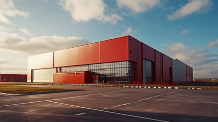 Fototapeta premium A contemporary industrial structure features a striking red exterior and expansive glass windows. Situated in an open area with clear skies, the building captures attention