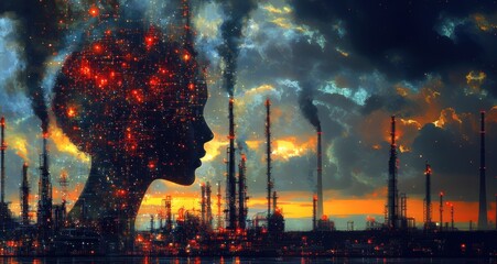 Obraz premium A woman's silhouette filled with stars against a sunset skyline of industrial smokestacks.