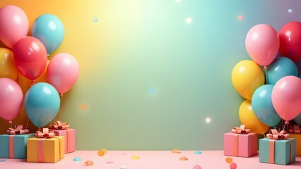 Birthday banner. Colorful Balloons and Gift Boxes on Gradient Background, perfect for birthday greetings with copy space for text