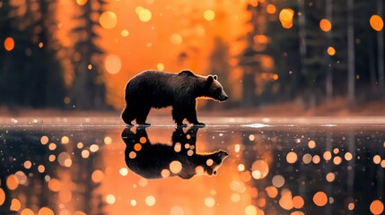   A brown bear majestically perches atop a serene water expanse, surrounded by dense tree forests