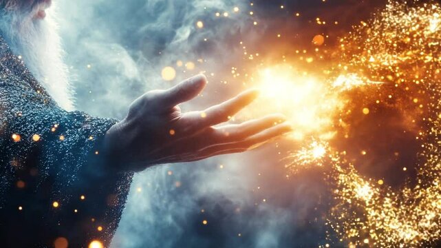 God hands in the sky wizard spiritual magic, blurred nature background, Religious human open empty hands with palms up. Gratitude, preacher worship, solitude pray, religion devotion concept praying 