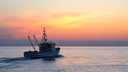 Fototapeta premium A fishing boat navigates through tranquil waters as the sun sets, casting vibrant orange and purple hues across the sky and reflecting on the sea's surface