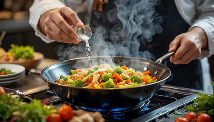 Chef Preparing Fresh Vegetables in a Frying Pan with Careful Seasoning.