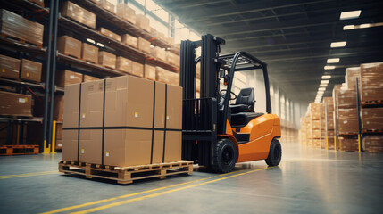 A forklift is moving a pallet of cardboard boxes in a large, organized warehouse. Shelves filled with packages are visible in the background, indicating an active storage environment