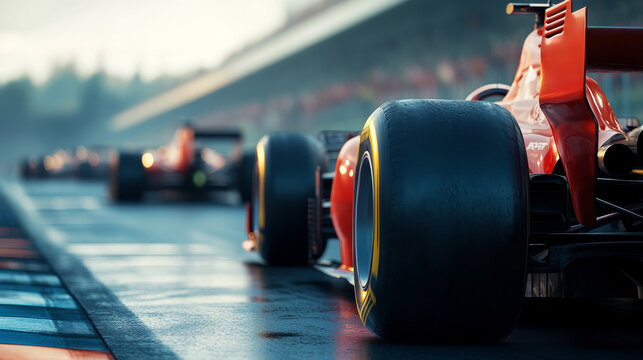 Race cars are positioned on a slick track, ready for an electrifying competition. The atmosphere is tense as drivers prepare for the upcoming high-speed action amid overcast skies