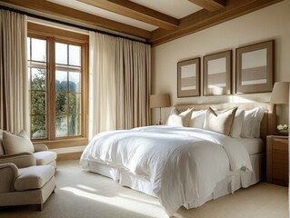 Luxurious Master Bedroom With Forest View And Wooden Beams
