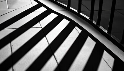 A monochromatic image showcasing dramatic shadows cast by railing and steps, creating abstract patterns on the surface.
