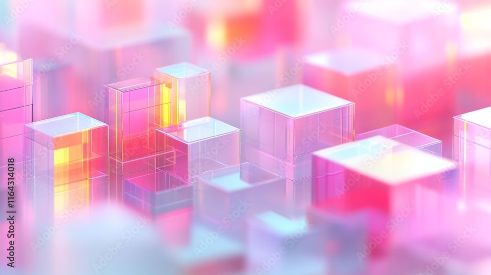 Poster abstract composition of translucent cubes in soft pink and orange hues creating a dreamy and etherea