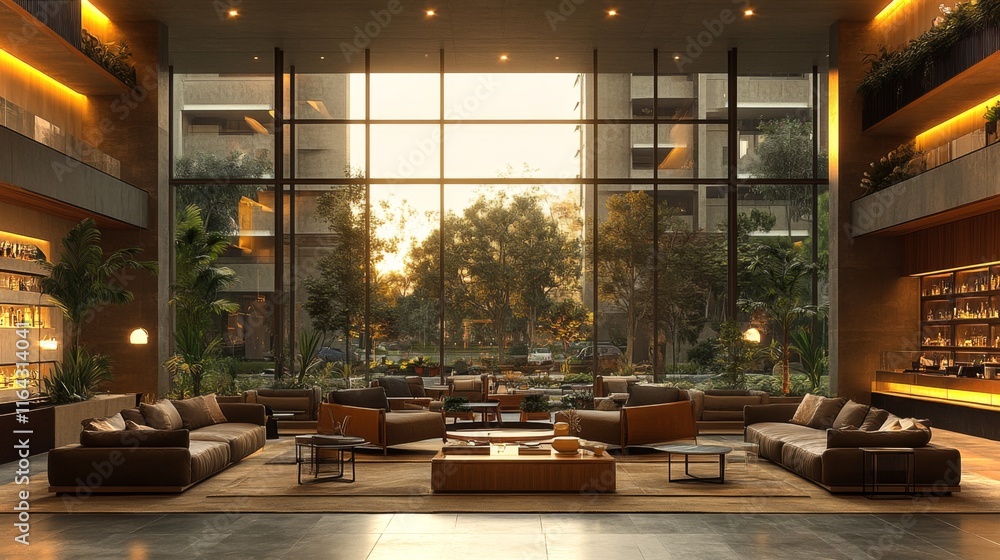 Poster cozy lounge area features plush seating and warm lighting, inviting guests to relax while enjoying t