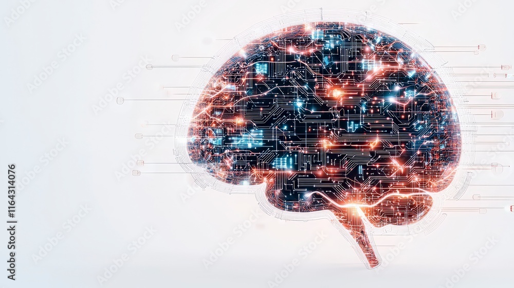 Poster a conceptual representation of a brain integrated with digital circuits and glowing lights, symboliz
