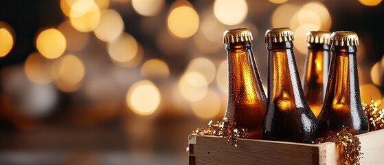 A festive arrangement of beer bottles in a box, glowing with soft bokeh lights, creating a celebratory atmosphere.