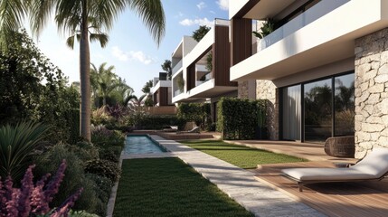 Fototapeta premium Modern luxury homes with private pools and lush landscaping.
