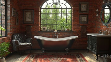Fototapeta premium Elegant bathroom with vintage decor and natural light.
