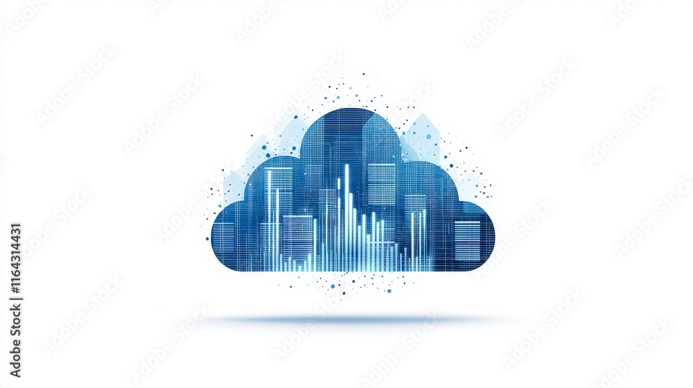 Poster a digital cloud representing data storage and innovation, integrated with modern architecture visual