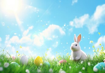 Fototapeta premium Cute white bunny sitting in a vibrant green meadow filled with colorful Easter eggs under a bright blue sky with fluffy clouds and sunlight shining down