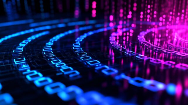 Abstract Digital Background with Futuristic Binary Code, Glowing Lines and Light Effects in Vibrant Blue and Pink Colors for Technology, Data, and Science Concepts