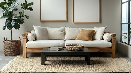 Modern living room interior with wooden sofa, coffee table, plants, and neutral tones.