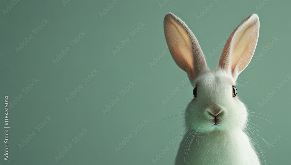 Poster cute white rabbit with large ears looking curiously at the camera against a soft green backdrop, cap