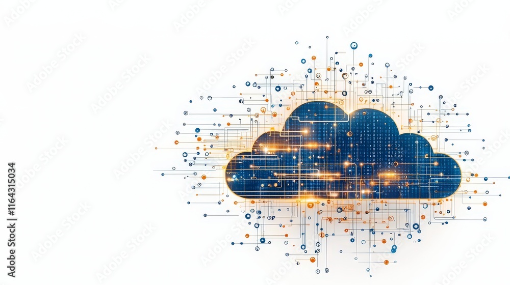 Poster a digital cloud symbol representing data storage and connectivity with glowing elements and network 