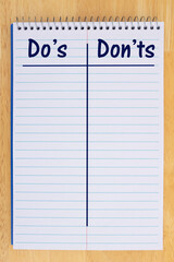 Dos and Donts List on Notebook Paper