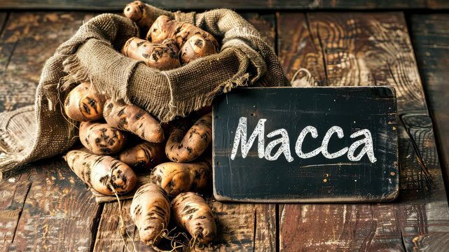 Peruvian maca and supplement capsules. Selective focus. nature.