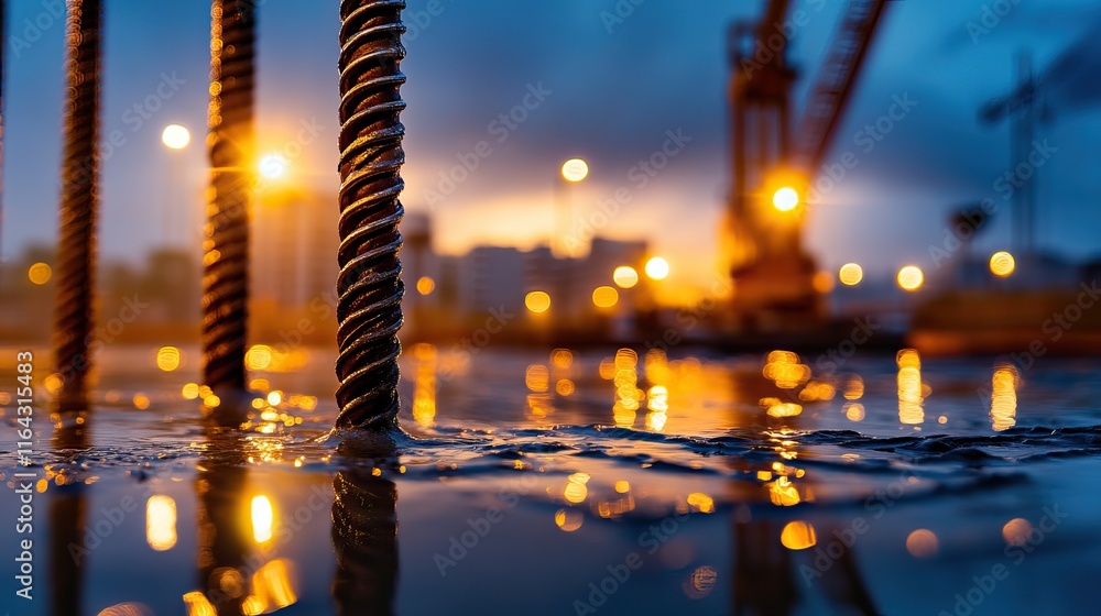 Poster a close-up view of twisted rebar in water, illuminated by ambient lights from a construction site du