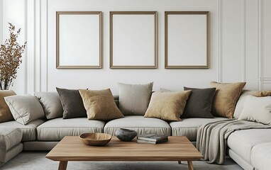 Fototapeta premium Modern living room interior with sectional sofa, wooden coffee table, three blank frames, and neutral color palette.