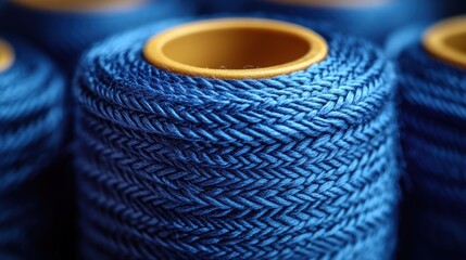 A close-up of blue braided thread spools, showcasing texture and color.