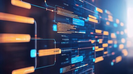 Abstract Digital Interface with Colorful Data Transmission, Colorful Lines and Text Illustrating Information Flow and Advanced Technology Concepts in a Futuristic Environment