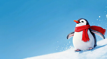 Obraz premium Penguin with red scarf stands in snow against blue sky, snowball in fg