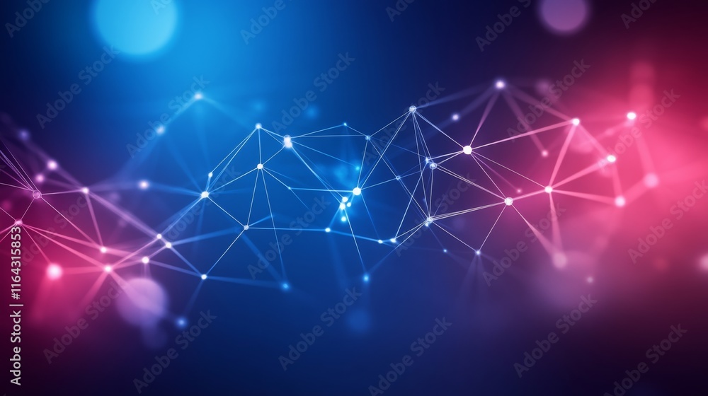 Poster abstract digital network with glowing nodes and lines in blue and pink hues for technology and commu