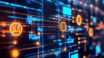 Abstract digital network interface with glowing blue and orange lines, circuits, and geometric shapes representing technology and data flow in a modern design