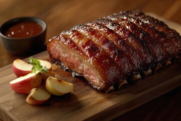 Succulent glazed pork ribs with apple slices and barbecue sauce, showcasing rich colors and tempting presentation.